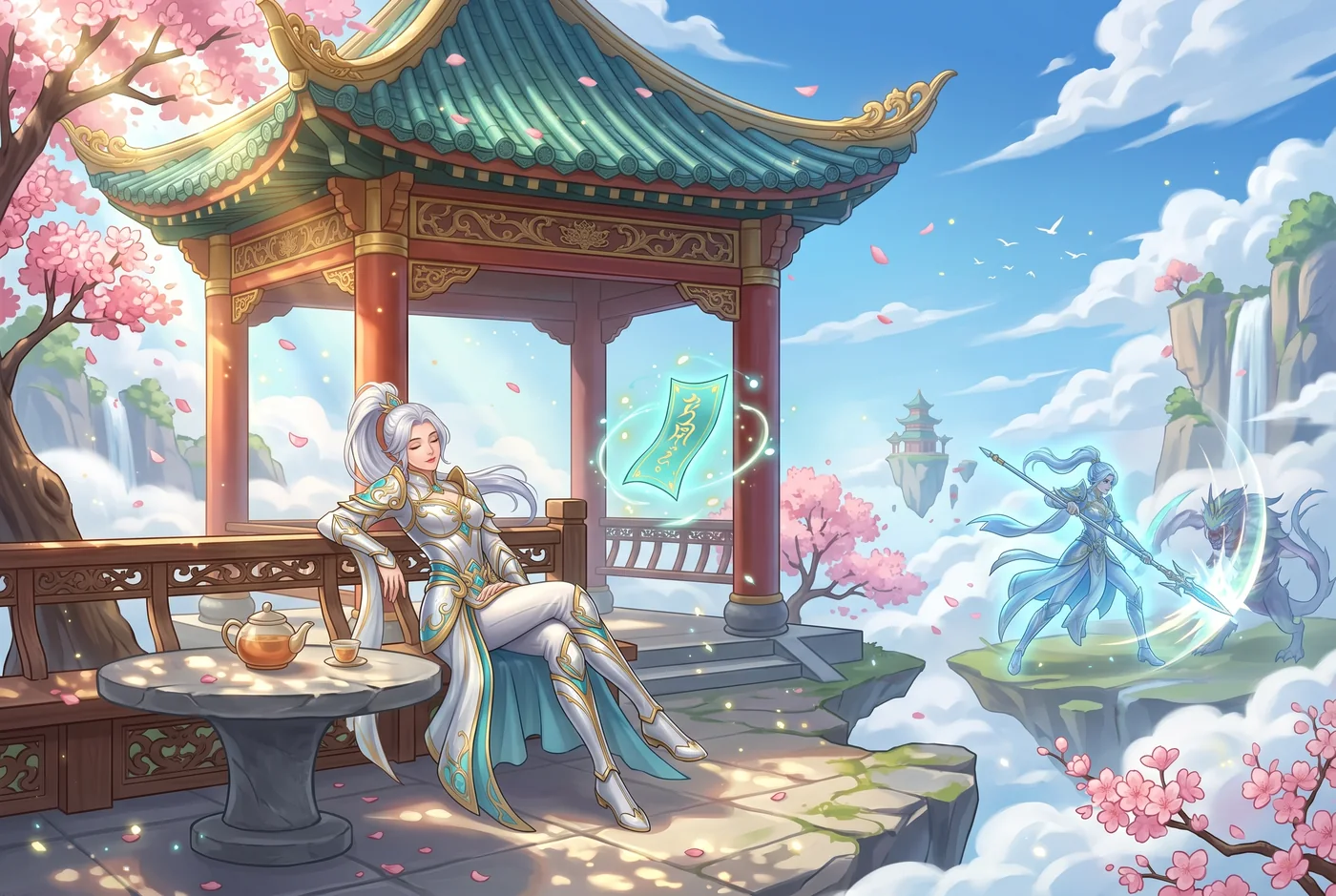 插画：凉亭里挂机打盹，分身在远处自动打怪